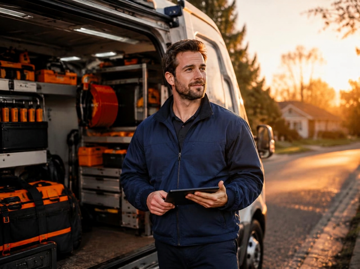 Plumber with a tablet beside his service van